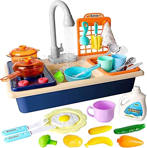 Beauenty Kitchen Sink Toys Water Playset Cooking Stove Play with Running Water House Wash Up Kitchen Sets with Realistic Light Play Dishes Accessories for Girls Boys Kids 3-7 Years Old (Blue)