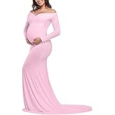 JustVH Maternity Elegant Fitted Maternity Gown Long Sleeve Cross-Front V Neck Slim Fit Maxi Photography Dress for Photoshoot