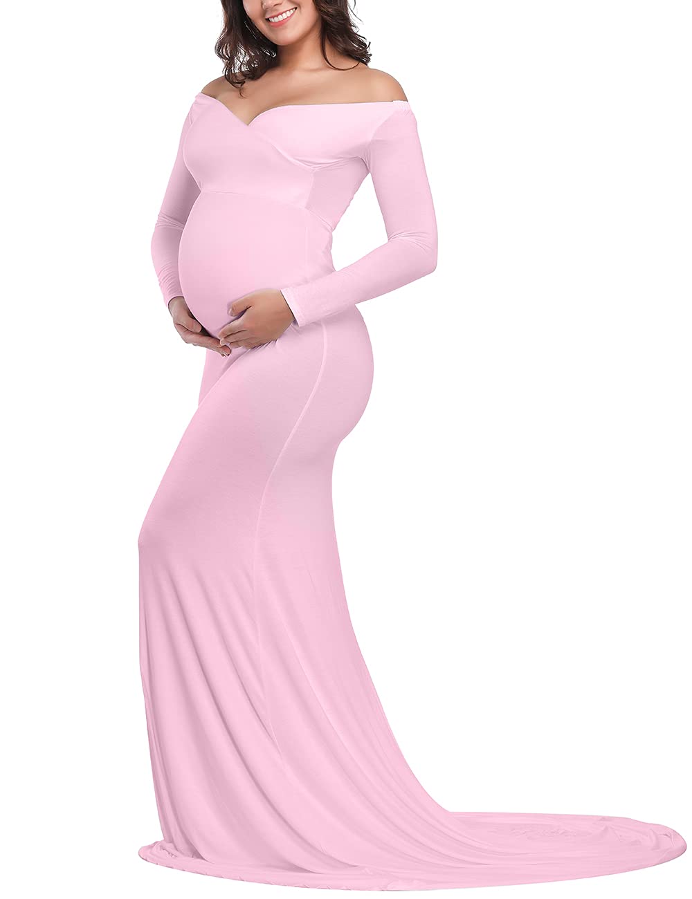 Photo 1 of JustVH Maternity Elegant Fitted Maternity Gown Long Sleeve Cross-Front V Neck Slim Fit Maxi Photography Dress for Photoshoot A- Pink