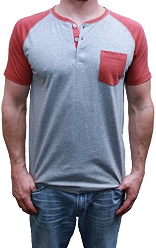 Short Sleeve Mens Raglan Henley TShirt w / Pocket, Premium Heather / Burgundy Heather, Large