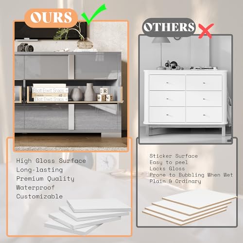 Jocisland 54" W High Gloss 6 Drawers Dressers with Silver Grooved Handles, Modern Storage Chest of Drawers with Wide Tabletop, for Bedroom/Dressing Room/Living Room, Grey