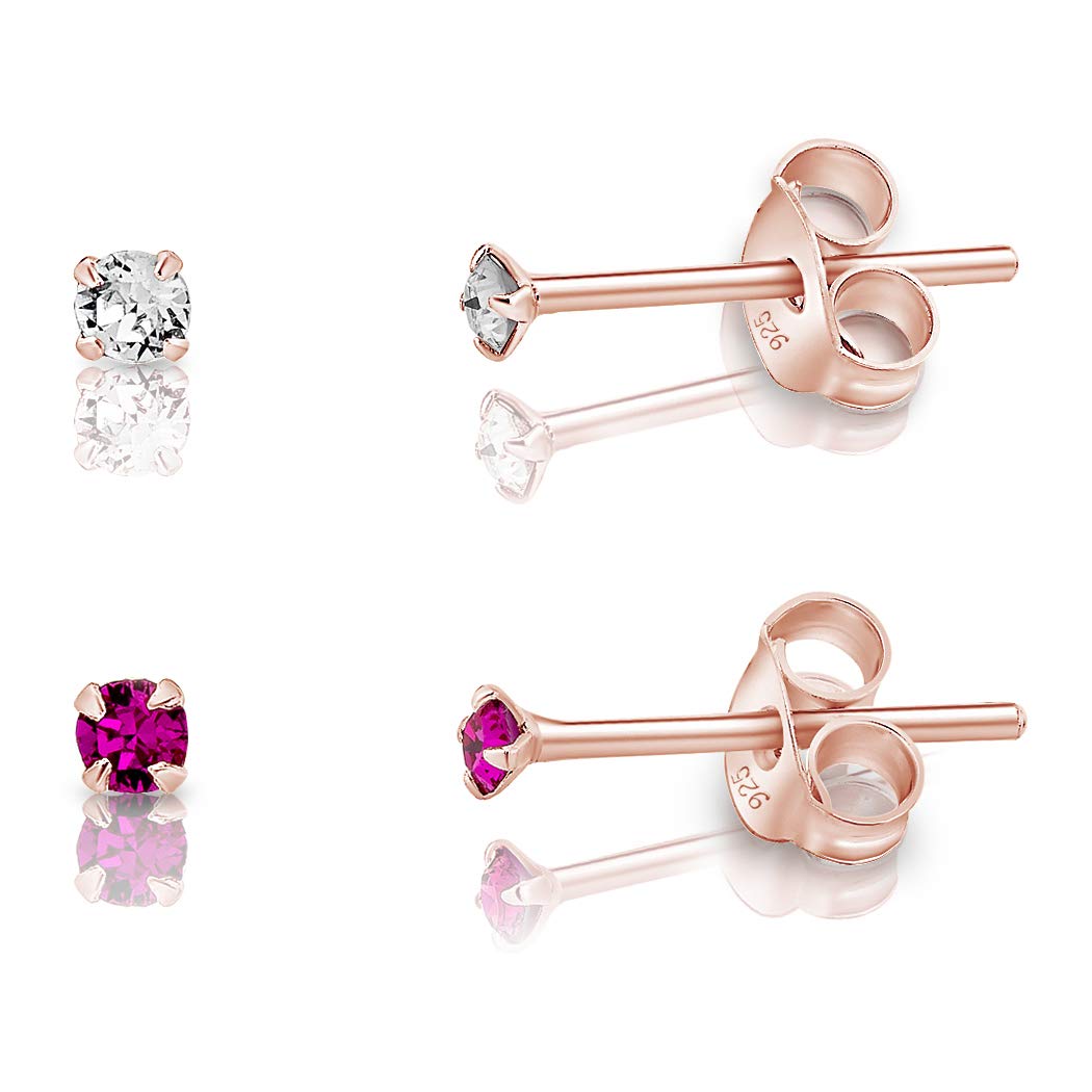 DTPSilver - Set of 2 PAIRS of 925 Sterling Silver Rose Gold plated Round TINY Stud Earrings made with Glittering Crystals from Swarovski® Elements - Diameter: 2 mm - Colour : Fuchsia