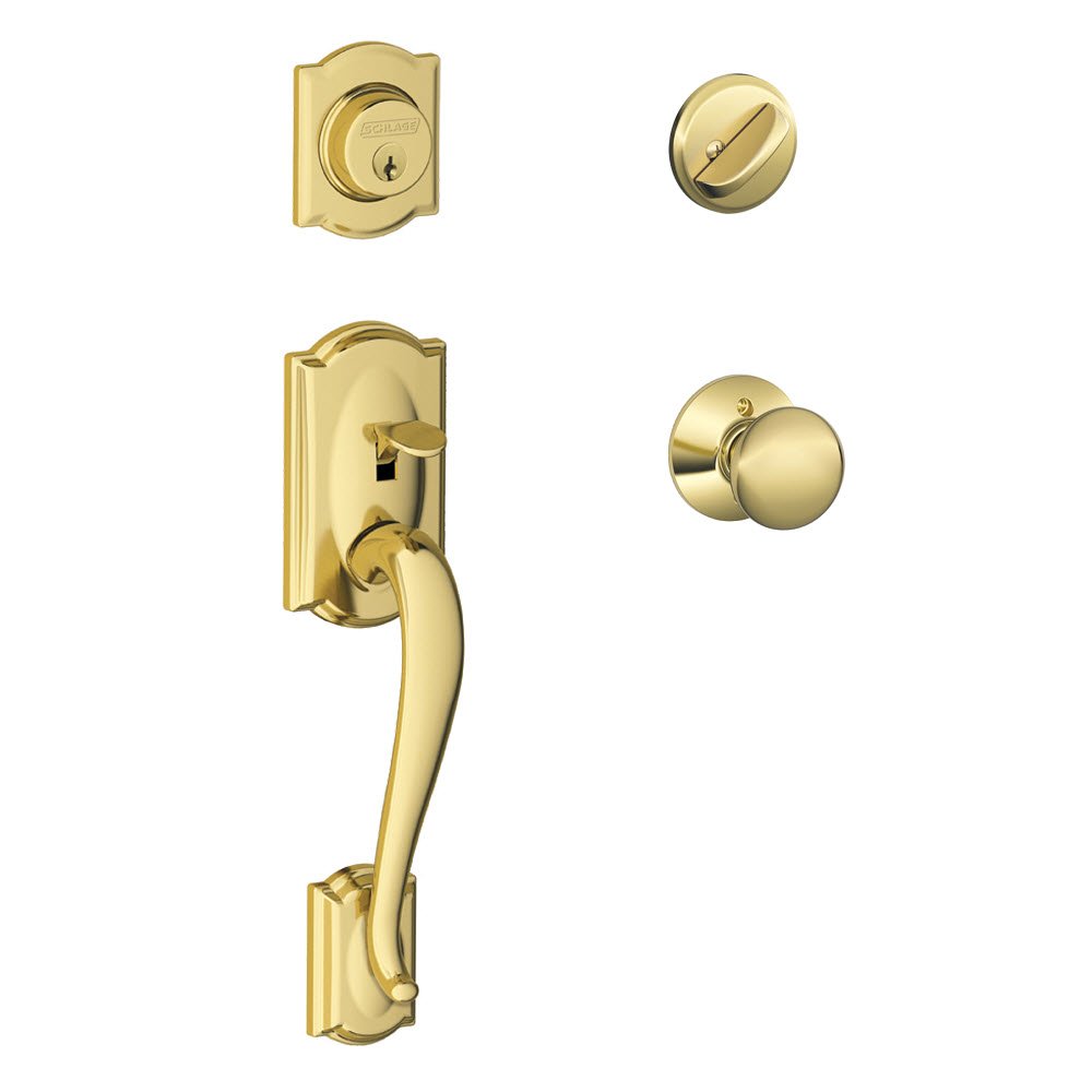 SCHLAGE Camelot Single Cylinder Handleset and Plymouth Knob, Bright Brass (F60 CAM 505 PLY 605)