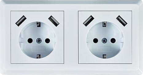 Schuko Doppelsteckdose mit je 2 x USB Ladebuchse (max. 2800mA) weiß, passt in 2-fache Unterputzdose