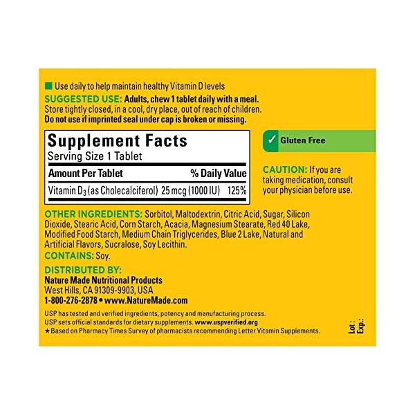 Nature Made Vitamin D3, 120 Chewable Tablets, Vitamin D 1000 IU (25 mcg