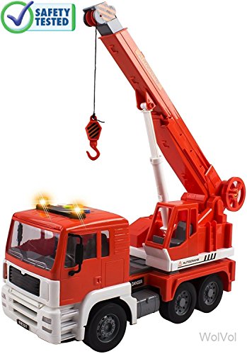 WolVol Friction Powered Construction Crane Truck Toy with Lights and Sounds for Kids, Crane arm can expand to 18 inches
