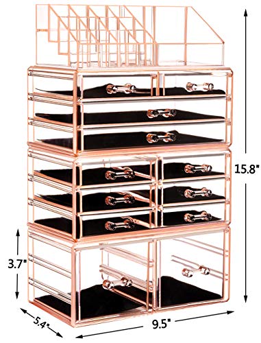 HBlife Makeup Organizer Acrylic Cosmetic Storage Drawers and Jewelry Display Box with 12 Drawers, 9.5" x 5.4" x 15.8", 4 Piece,Pink - Image 6