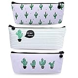 Bonaweite Cactus Pencil Bag Linen Pastoral Bandage Case Cute Cacti Pen Zipper Coin Organizer Makeup Cosmetic Pouch Holder for Desk Set of 3
