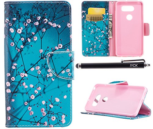 LG V30 Case, LG V30 Case Wallet, iYCK Premium PU Leather Flip Folio Carrying Magnetic Closure Protective Shell Wallet Case Cover for LG V30 with Kickstand Stand - Plum Blossom