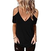 JAWINT Womens Summer Tops Short Sleeve Deep V Neck T Shirts Loose Fit Cold Shoulder Strap Basic Tunic Tee