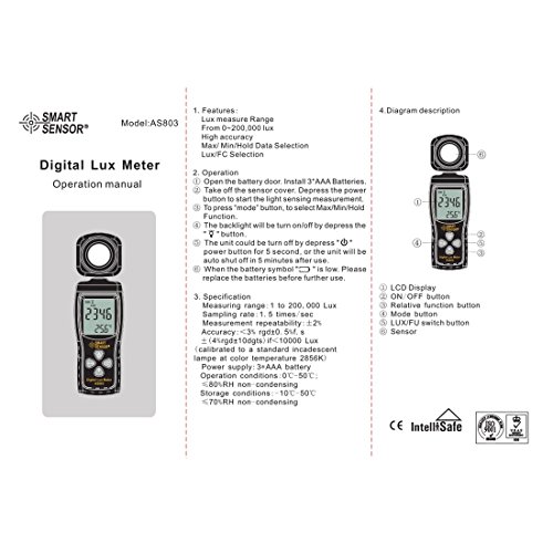 SMART SENSOR AS803 Digital Lux Meter Luminance Tester Light Meter 1-200000 Lux Tools Photometer Spectrometer Actinometer