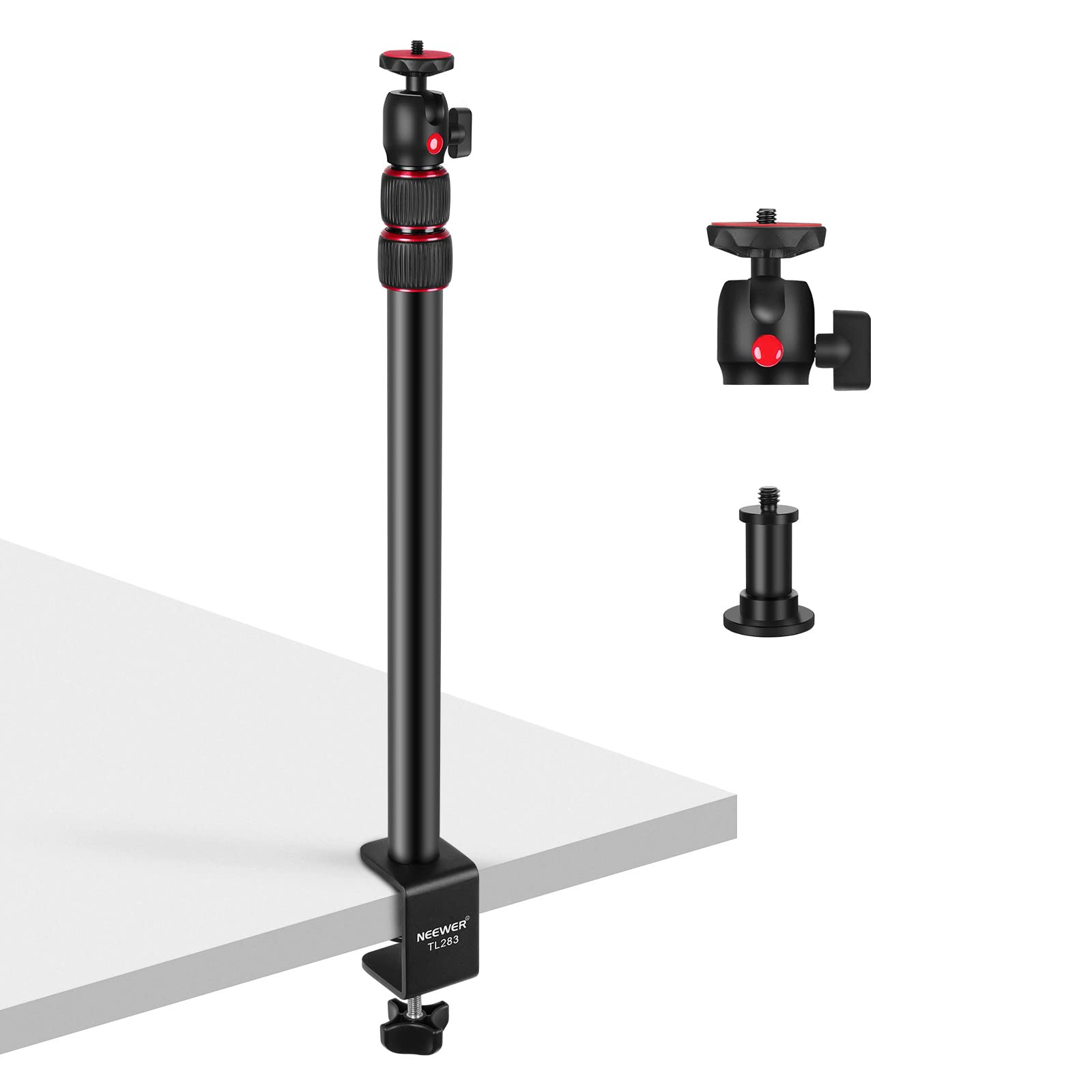 Photo 1 of NEEWER Extendable Camera Desk Mount with Ball Head, 17"-40" Adjustable Table Light Stand with 1/4" Screw & C Clamp for DSLR Camera, Ring Light, Live Stream, Vlog, Max Load: 6.6lb/3kg, TL283 (RED)