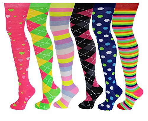 6 Pairs Pack Women Multi Neon Color Fancy Design Thigh High Over the Knee Socks Stockings (6 Pairs Assorted)