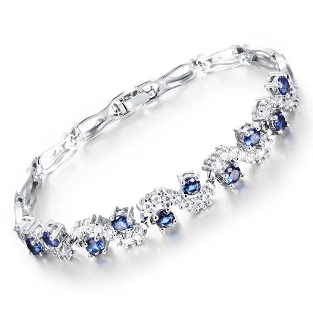 Crystalline Azuria Women 18ct White Gold Plated Blue Simulated Sapphire Zirconia Crystals Tennis Bracelet 7.28 inches