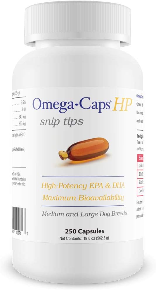 Omega-Caps HP Snip Tips for Cats & Smaller Dogs - Omega 3, EPA, DHA, Vitamins, Minerals, Antioxidants - Support Immune System, Joints, Heart, and Brain - 250 Capsules
