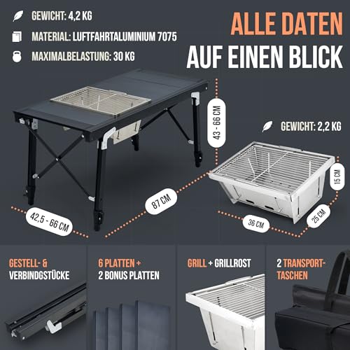 Castra Premium Camping Table with Integrated Grill - Aluminium 7075, Height Adjustable, Outdoor Weatherproof, Innovative Folding System, Multifunctional Table & Camping Accessories for Garden, Travel & Fishing