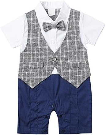 Baby Boy Suit Gentleman Vest Toddler Short Sleeve Rompers Infant Outfit Onesie with Bow tie