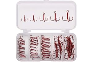 JJZS 50pcs/Box Fishing Treble Hooks, High Carbon Steel Fishing Hooks Kit, Sharp & Round Bend Fishing Treble Hooks for Catfish Lures Baits Bass Fishing Accessories