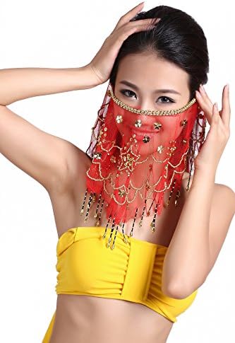 Feimei Exotic Belly Dance Face Veil Egyptian Dance Headpiece with bead (Red)