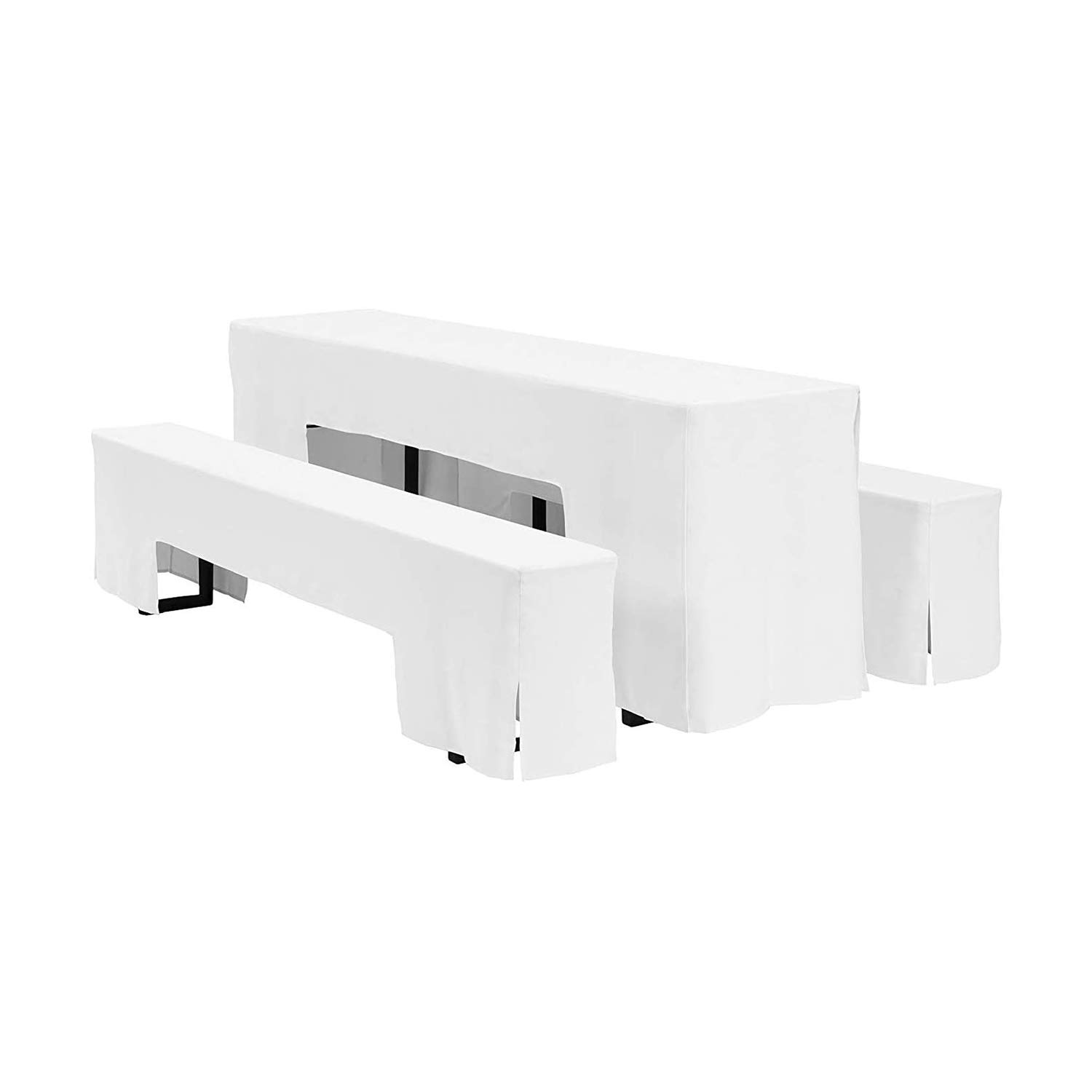 WedDecor Beer Table and Bench White Slipcover Polyester Set L Trestle Table Covers for Bar, Restaurant, Home Garden Dining, Draping, Wedding Events, Set of 3