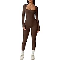 Yoeasy Women's Square Neck Long Sleeve Jumpsuit - Flare Leg One Piece Yoga Bodysuit