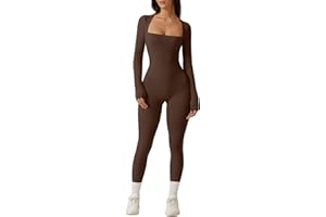 QINSEN Womens Sexy Square Neck Long Sleeve Full Length Leggings Bodycon Stretch Jumpsuit