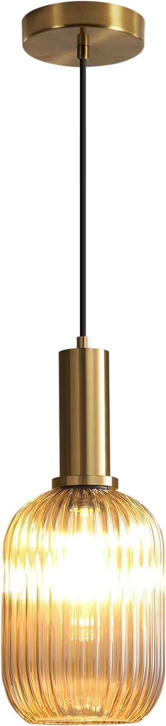 Photo 1 of KCO Lighting 1-Light Amber Glass Ceiling Light Fixture Vintage Striped Glass Pendant Light Farmhouse Cylinder Pendant Light Gold Mini Kitchen Island Pendant Lighting Single Hanging Light