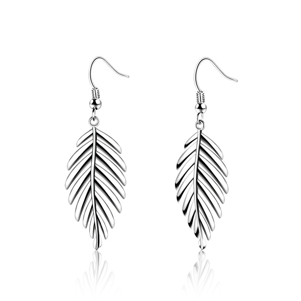 Belons Elegant Classic 925 Sterling Silver Women's Girls Leaves Feather Hook Drop Dangle Earrings
