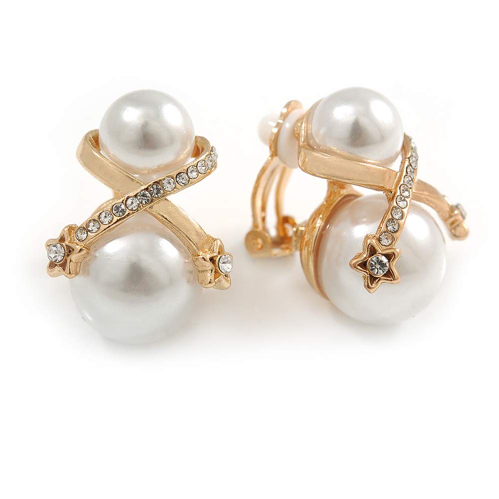 Double Faux Pearl Crystal Clip On Earrings/Gold Tone/ 25mm Tall