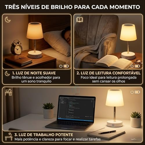 Abajur de Mesa LED Recarregável Luminária Sem Fio Touch 3 Níveis de Brilho Ajustável USB-C Decorativa Quarto Cabeceira Sala Escritório JP Varejo Online