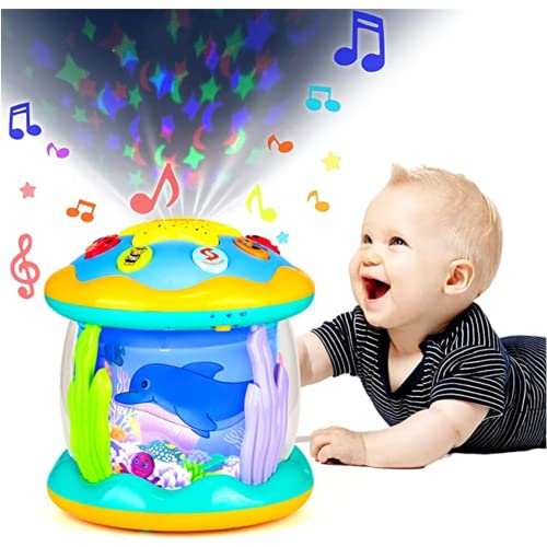 AM ANNA 4 in 1 Musical Baby Toys for Toddlers, Projector Ocean Rotating Tummy Time, Developmental Montessori Light Up Toys for 0-3 3-6 12-18 Months Babies Gifts
