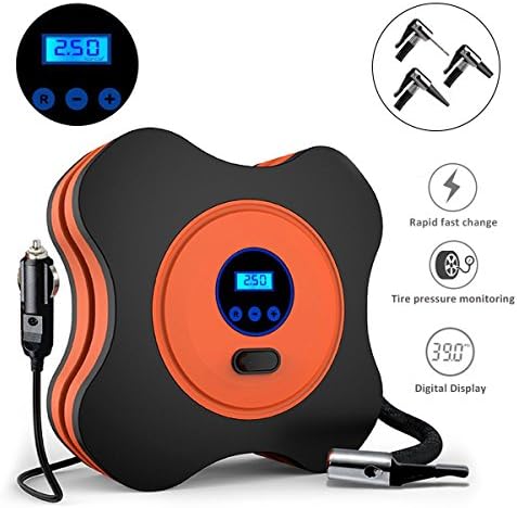 YX MARINE Portable Air Compressor Pump, Digital Tire Inflator by 150PSI with Digital Gauge, 3 High-air Flow Nozzles &amp; Adaptors for Cars, Bicycles, Air Mattresses and Basketballs (Orange)
