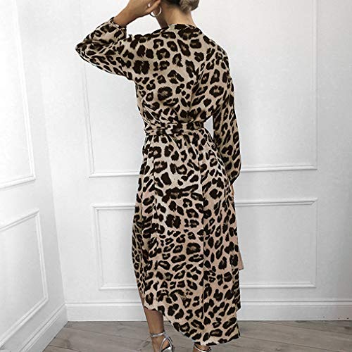 Keliay Bargain Fashion Women Casual Long Sleeve Leopard Print Split Lace Up V-Neck Long Dress