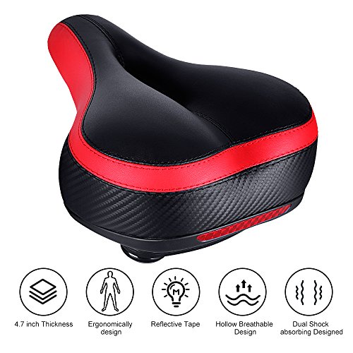 Tonbux Most Comfortable Bicycle Seat, Bike Seat Replacement with Bicycle Taillight Reflective Tape Dual Shock Absorbing Ball Wide Bike Seat Saddle Bicycle Gel Seat with Mounting Wrench – Black/Red