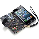 iPhone 5/5S Premium Faux Leather Wallet Case with Floral Interior (Black)