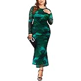 TIYOMI Women's Plus Size Cocktail Floral Maxi Dress Crewneck Long Sleeve Bodycon Wedding Guest Party Dresses XL-5XL 14W-28W