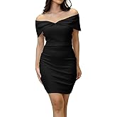 JTNFairy Women's Sexy Off Shoulder Dresses Sleeveless Party Club Ruched Cocktail Wedding Guest Bodycon Midi Dress