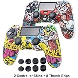 PS4 Controller Silicone Skin - Silicone Covers Protector Skin for Sony PS4, PS4 Slim, PS4 Pro 2 Controller Skin with 8 Thumb Grips - Water Transfer Printing Silicone Protector Case Set