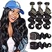 QTHAIR 16a Brazilian Human Hair Body Wave with 4x4 Middle Part Lace Closure(14 16 18 with 12 inch,Natural Color) 100% Unprocessed Virgin Brazilian Body Wave Hair Weave Bundles Body Wave Closure