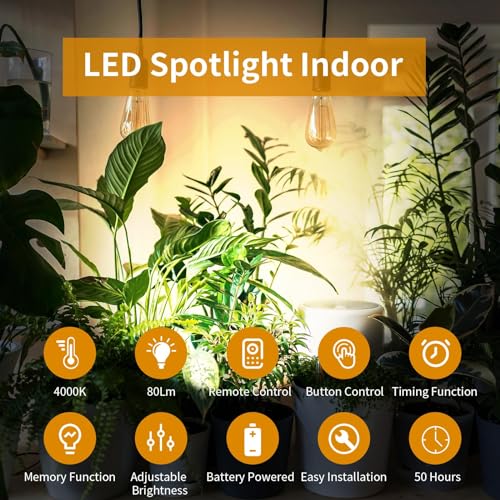 2Pcs Wireless Spotlight for Indoor, Battery Operated LED Spotlight with Dimmable Rotatable Timer Uplight Mini Accent Lights with Remote for Wall Display Plants Painting Artwork Closet Natural White