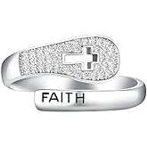 Faith Cross Open Statement Rings for Women Men Cubic Zirconia Adjustable Minimalist Polished Hope Promise Love Stacking Ring Silver Plated Wrap Finger Band Fashion Wedding Eternity Jewelry Graduation