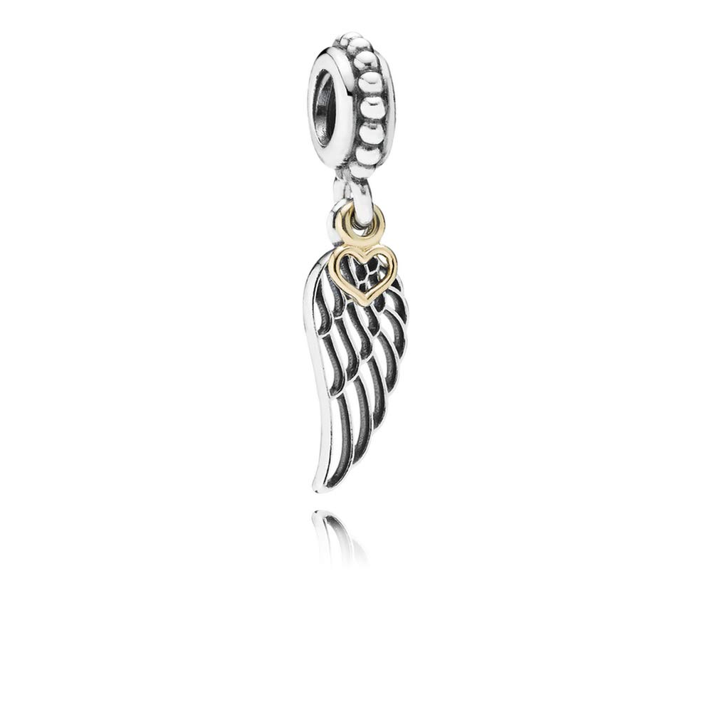 FGT Sterling Silver Angel Wing Charm fits Pandora Moments Bracelets Gold Heart Feather Dangle Gift Women Girls Girlfriend Birthday Mothers Day Valentine