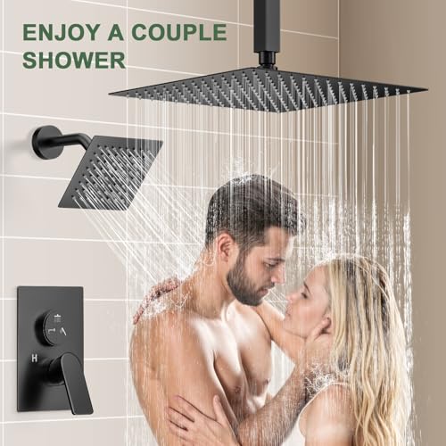 Matte Black Shower Faucet Set, Bathroom Shower System with 3-Setting Push Button Diverter, 12