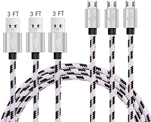 SyncTech Soft Premium Braided Nylon Tangle-Free 3 Feet Micro-USB Cable Durable High-Speed Syncing/Charging for Android, Samsung, Kindle, Windows, Controllers, Tablets, etc. (2.) 3 Pack - White)