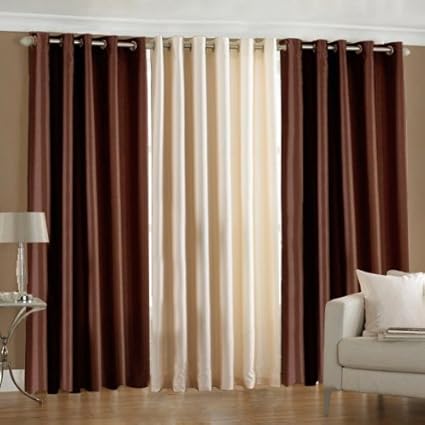 Pindia 3 Piece Eyelet Polyester Door Curtain Set - 7ft, Brown and Cream