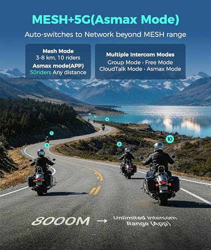 ASMAX F1s Motorcycle Bluetooth Headset with Smart Voice Control, 10 Riders Mesh Helmet Communication Systems, ENC/APP FOTA/Audio Multitasking/EQ Modes, 5-Mile Intercom for Snowmobile, 2 Pack