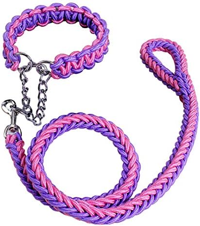 AooToo Pet Adjustable Nylon Dog Rope Slip Training Walking Leash And Pet Collar And Traction Rope Solid Hardware Best for Medium Or Large Dogs Double Colors(Pink Purple, L)