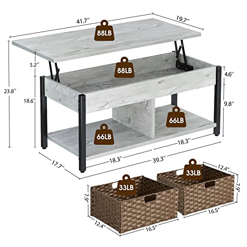Rolanstar Coffee Table Lift Top, Coffee Table with Hidden Storage Compartment and 2 Rattan