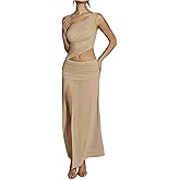 Floerns Women's 2 Piece Outfit Summer One Shoulder Ruched Vest Tops Slit Long Skirts Set