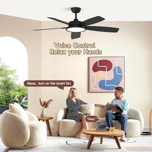 Roomratv Ventilador de techo inteligente de 52 pulgadas con luz regulable, silencioso, reversible, motor de CC, control remoto compatible con Alexa Google Home